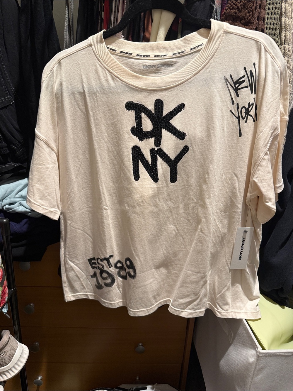 DKNY Cream Short Sleeve Crop Top with Black Logo